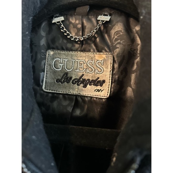 GUESS Los Angeles Wool Pea Coat Size Small Black Animal Print Interior - Picture 3 of 4
